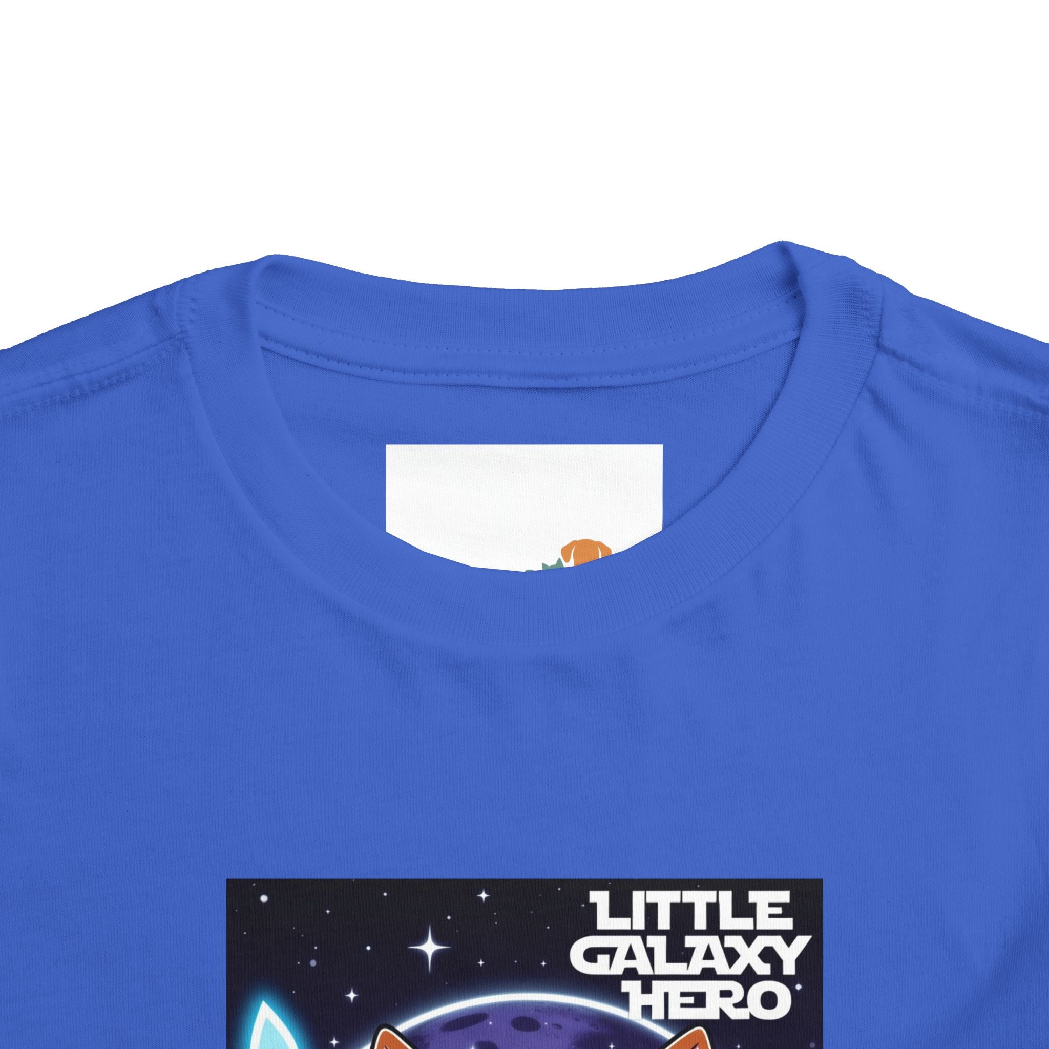 Little Galaxy Hero kids t-shirt in blue featuring a cartoon space puppy design with stars and planets.