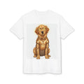 Golden retriever wearing a C-3PO costume on a white t-shirt, featuring a detailed graphic design.