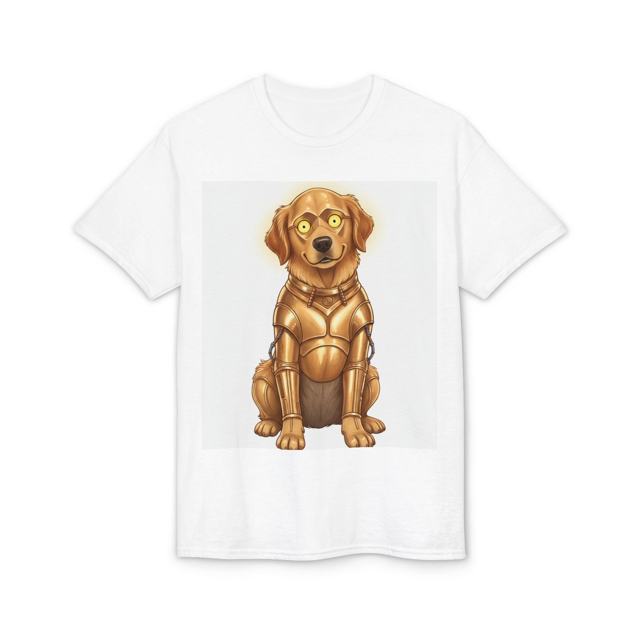 Golden retriever wearing a C-3PO costume on a white t-shirt, featuring a detailed graphic design.
