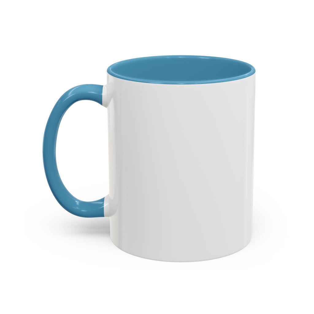 White mug with a blue handle and interior, featuring a funny dog in a suit design. Available in 11oz and 15oz sizes.