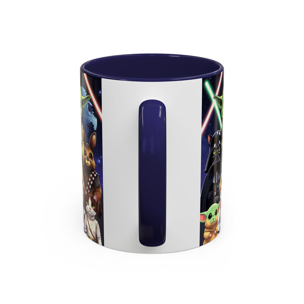 Star Wars Pets coffee mug featuring a galaxy design with cats and dogs, navy blue handle and interior.