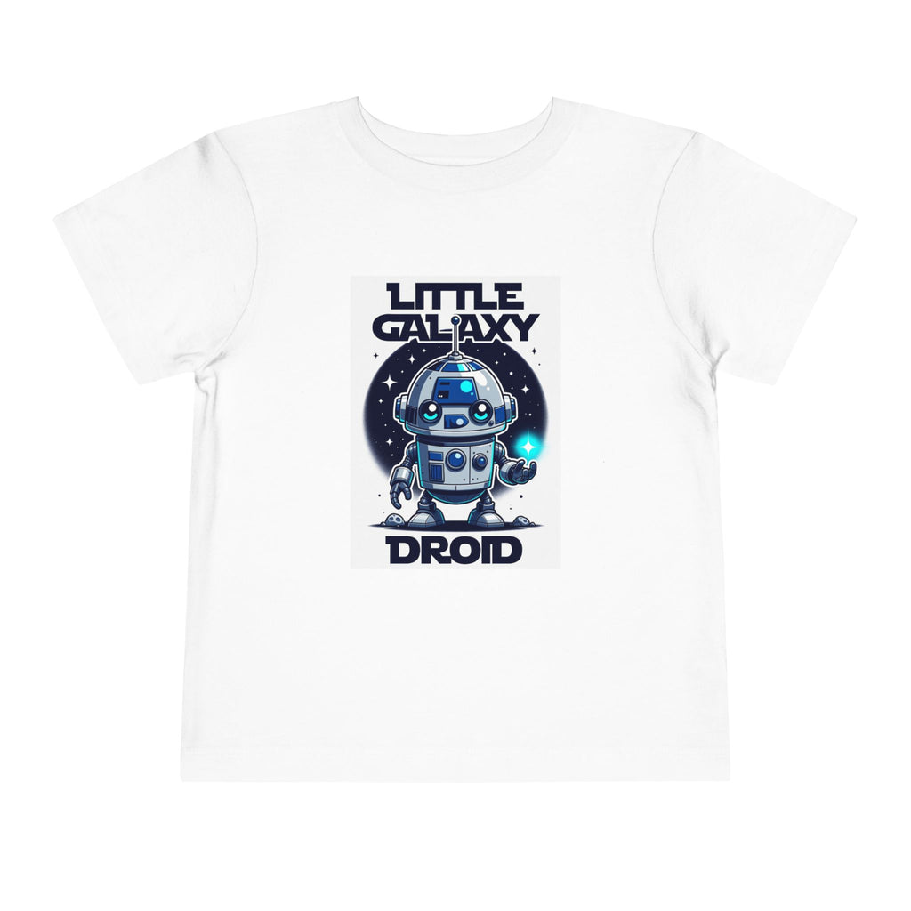 Little Galaxy Droid kids t-shirt featuring a cute robot design on a white background.