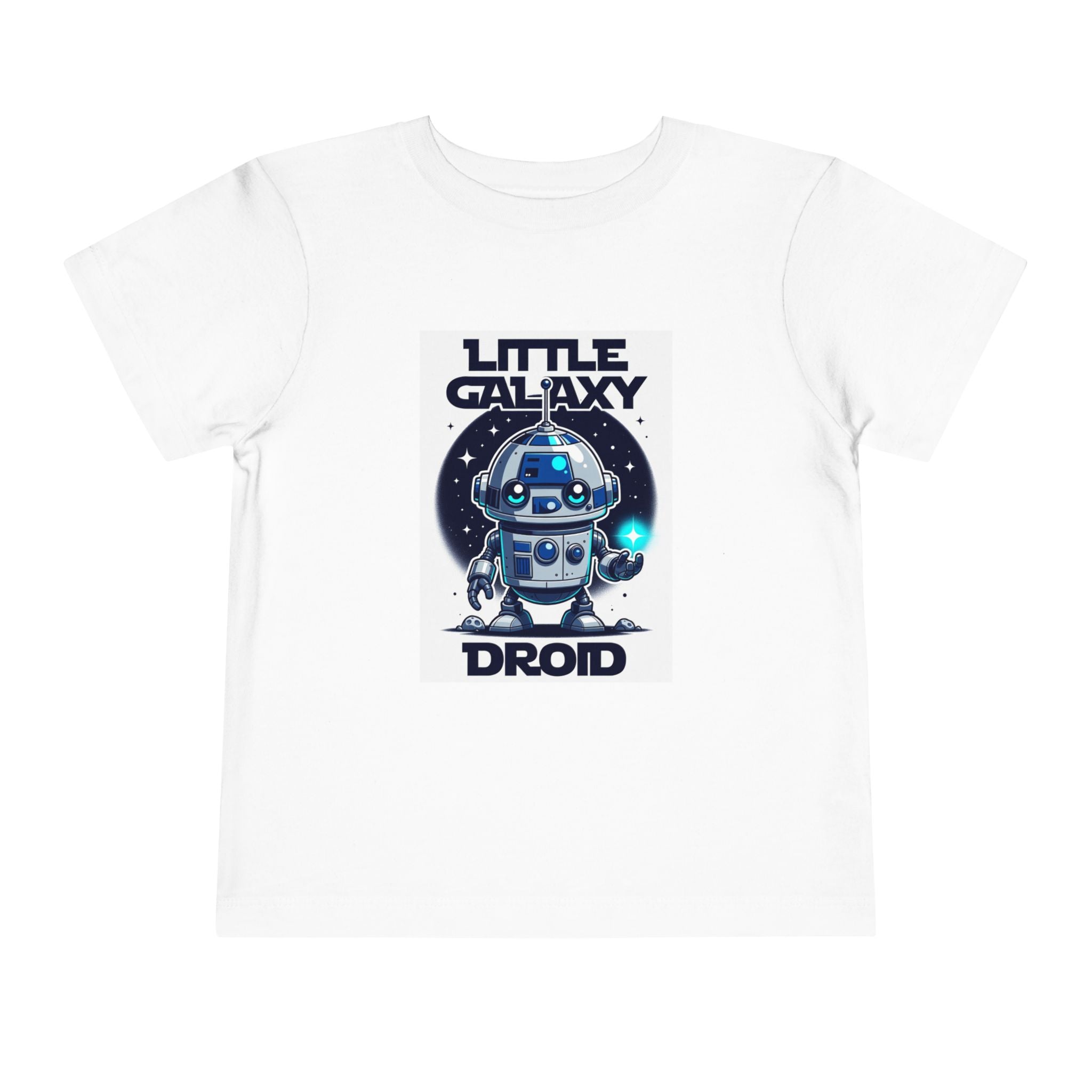 Little Galaxy Droid kids t-shirt featuring a cute robot design on a white background.