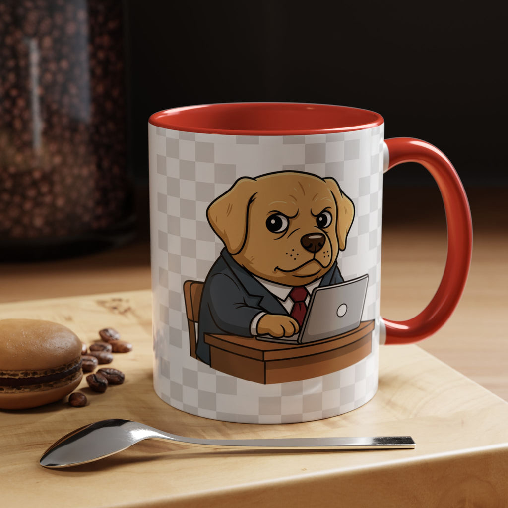 Yellow Lab Boss mug featuring a cartoon dog in a suit, sitting at a desk with a laptop, red handle, and white background.