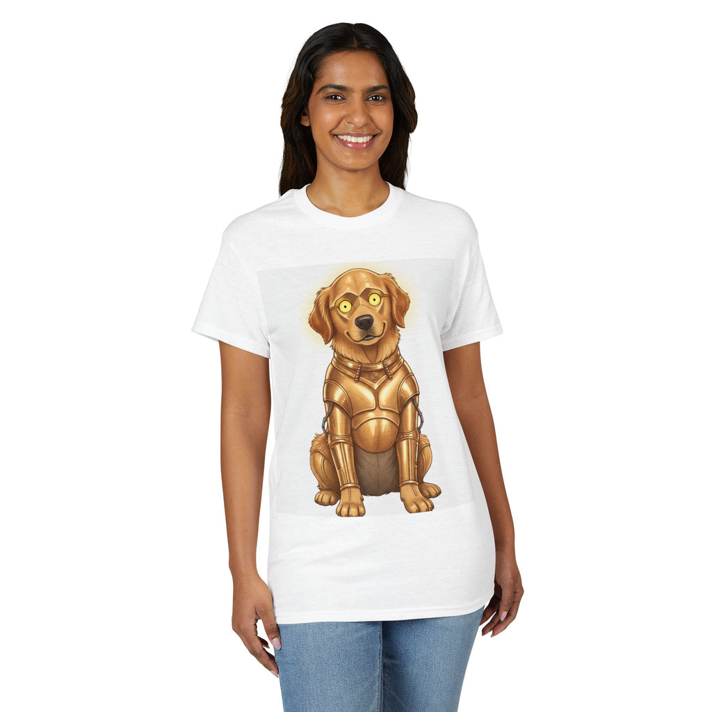 Golden Retriever in C-3PO droid armor graphic on a white t-shirt, featuring a cute cartoon design.