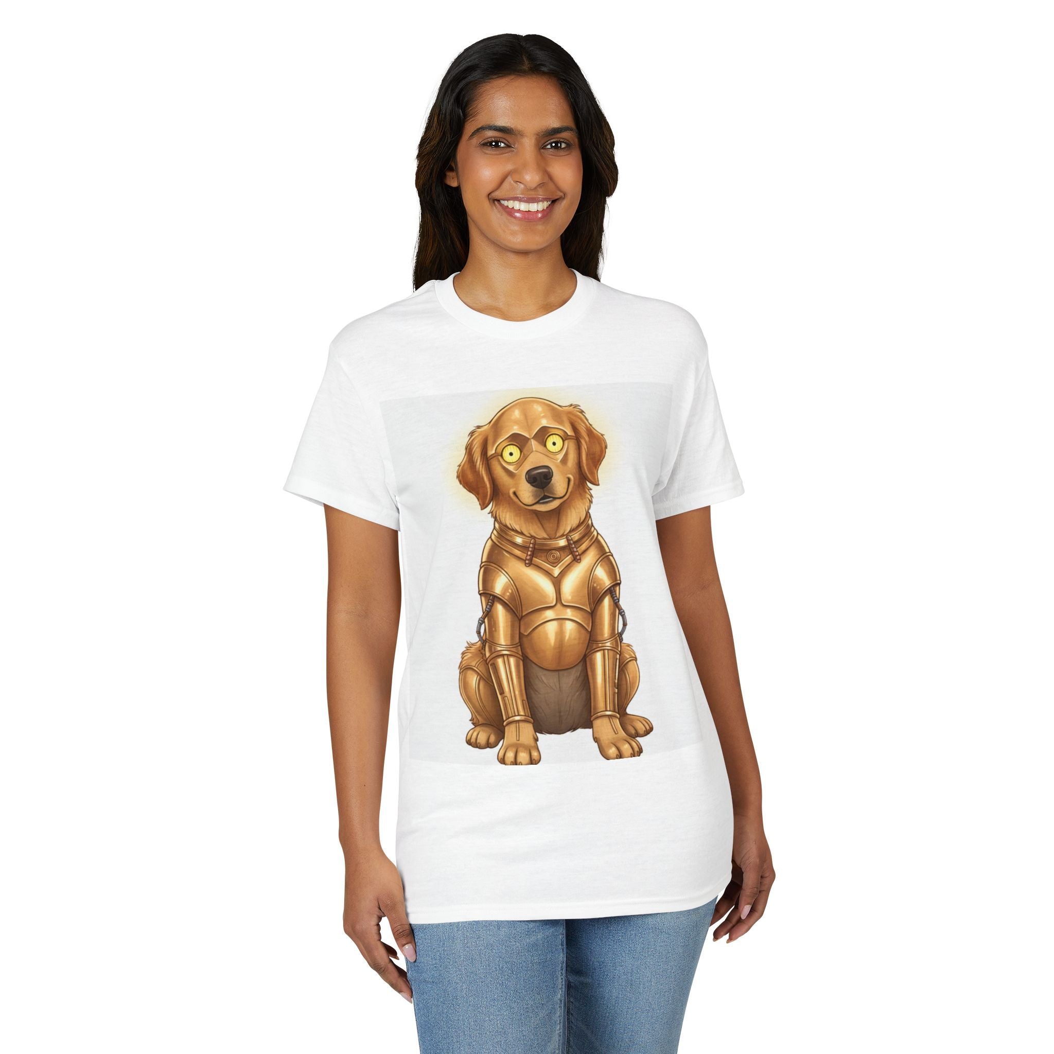 Golden Retriever in C-3PO droid armor graphic on a white t-shirt, featuring a cute cartoon design.
