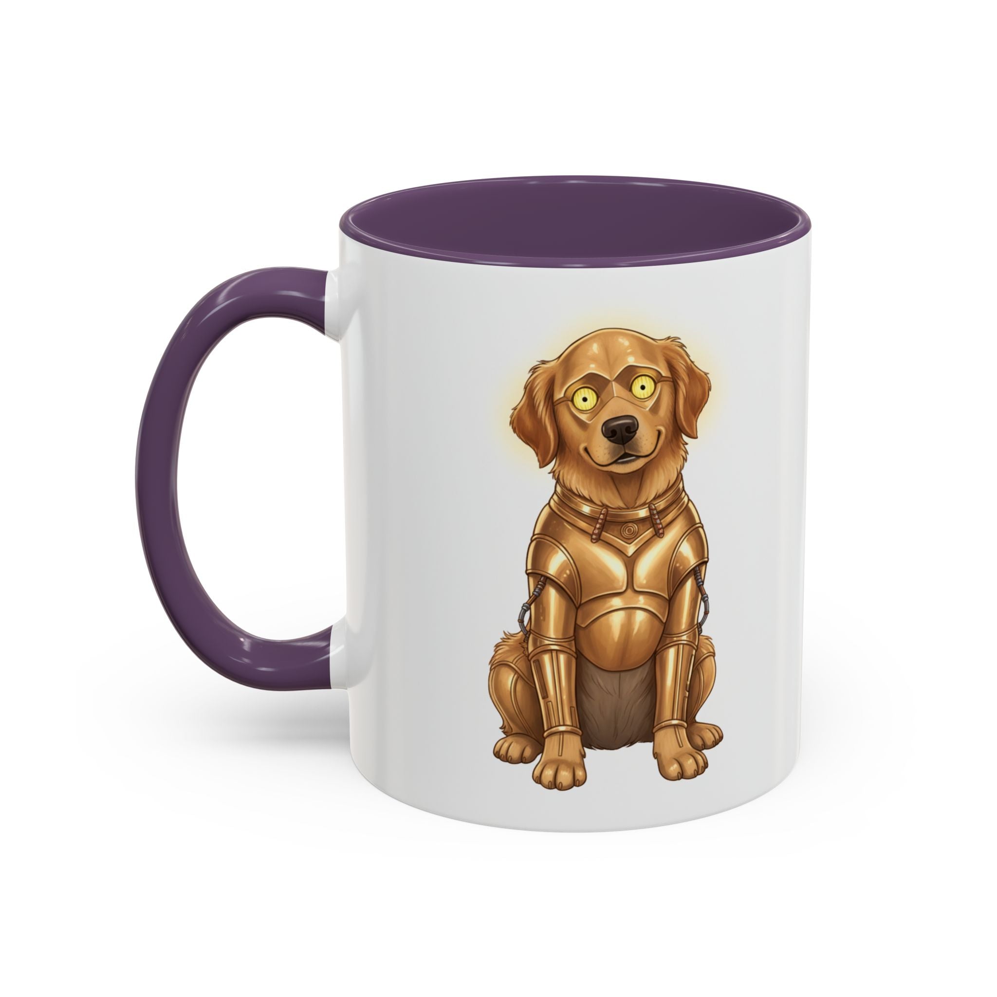 Golden Retriever C-3PO mug featuring a golden dog in a droid costume with a purple interior.
