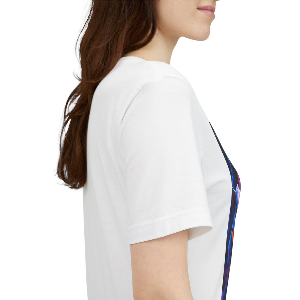 White Pawsitive Force T-shirt featuring a colorful cat and dog galaxy design, shown from the side on a model.