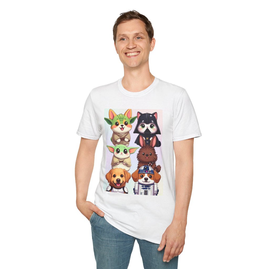 Pawsitive Force T-shirt featuring cartoon pets styled as Star Wars characters on a white background.