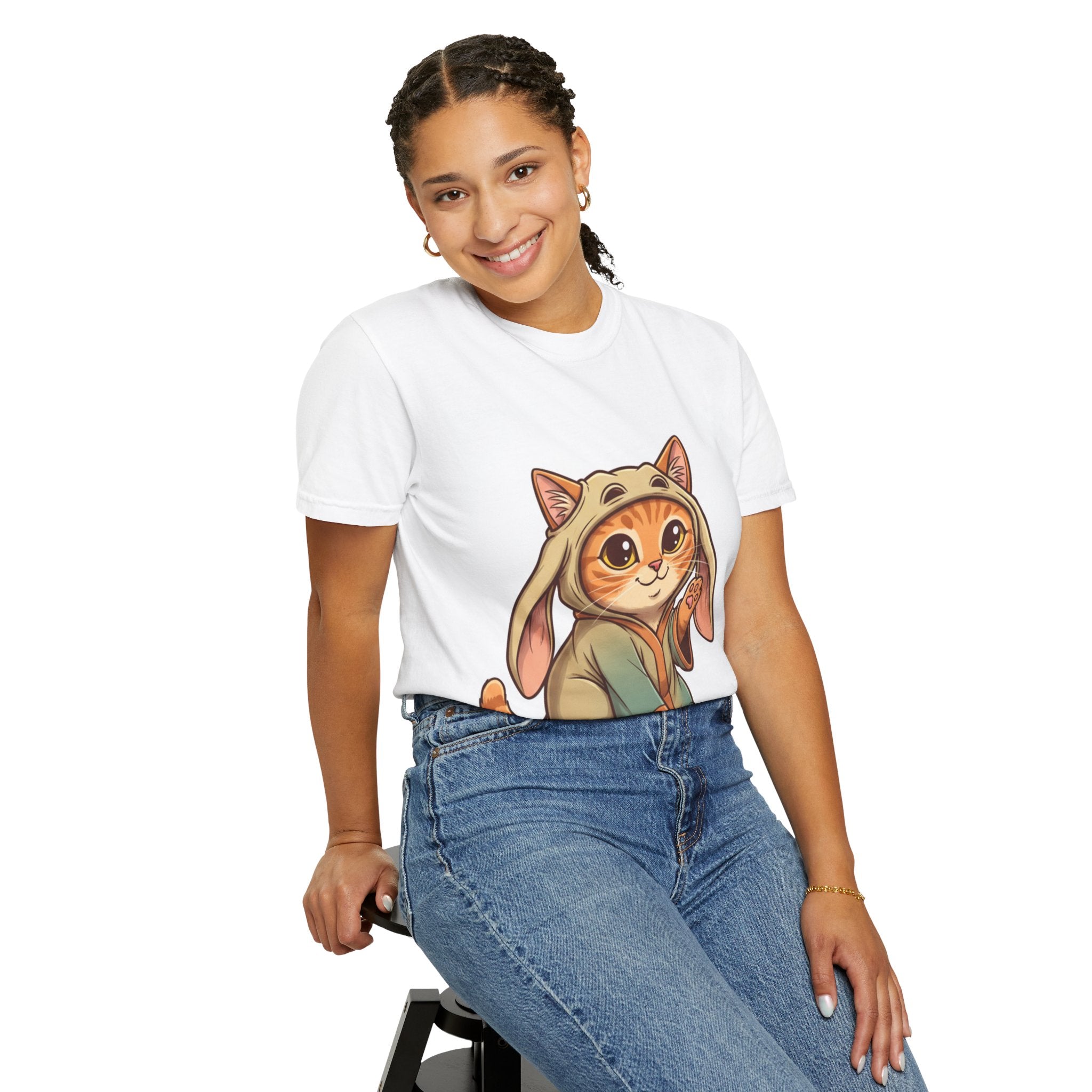 White t-shirt featuring an orange tabby cat dressed as Jar Jar Binks, with a playful expression and large ears.