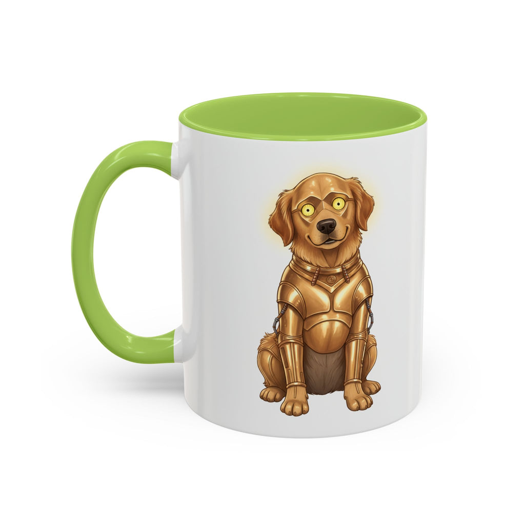 Golden Retriever C-3PO mug with a green handle, featuring a cartoon dog in gold armor design.