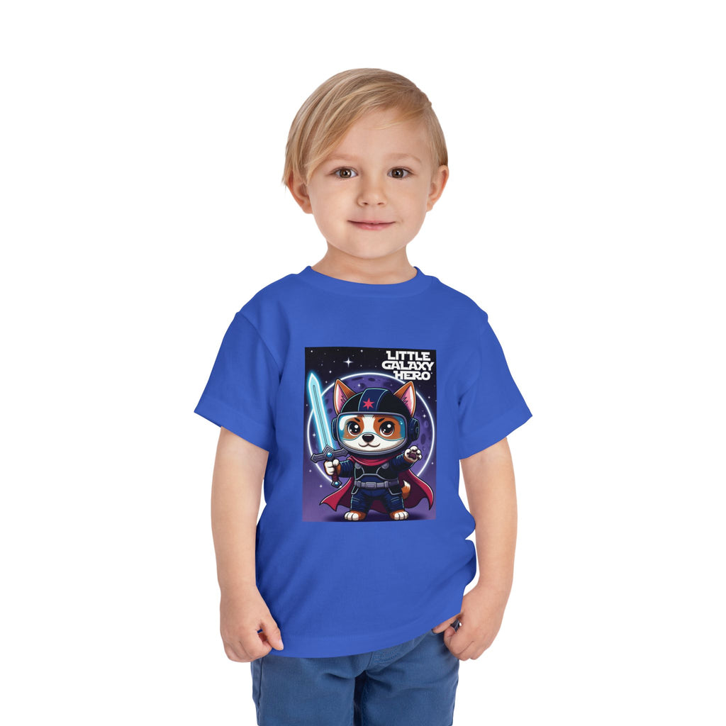 Little Galaxy Hero kids t-shirt in blue featuring a cartoon space puppy holding a lightsaber.