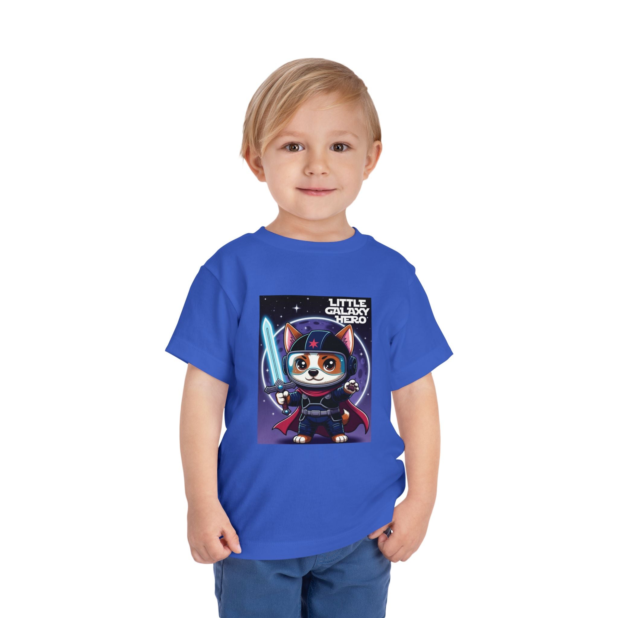 Little Galaxy Hero kids t-shirt in blue featuring a cartoon space puppy holding a lightsaber.