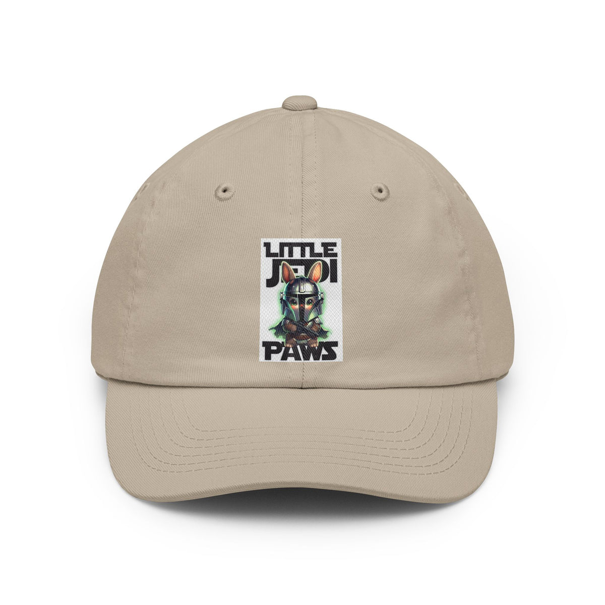 A beige baseball cap with a front graphic patch featuring the text 'LITTLE JEDI PAWS' and an illustration of a dog wearing a Mandalorian helmet, shown on a plain white background.