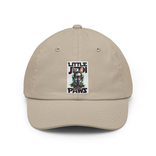 A beige baseball cap with a front graphic patch featuring the text 'LITTLE JEDI PAWS' and an illustration of a dog wearing a Mandalorian helmet, shown on a plain white background.
