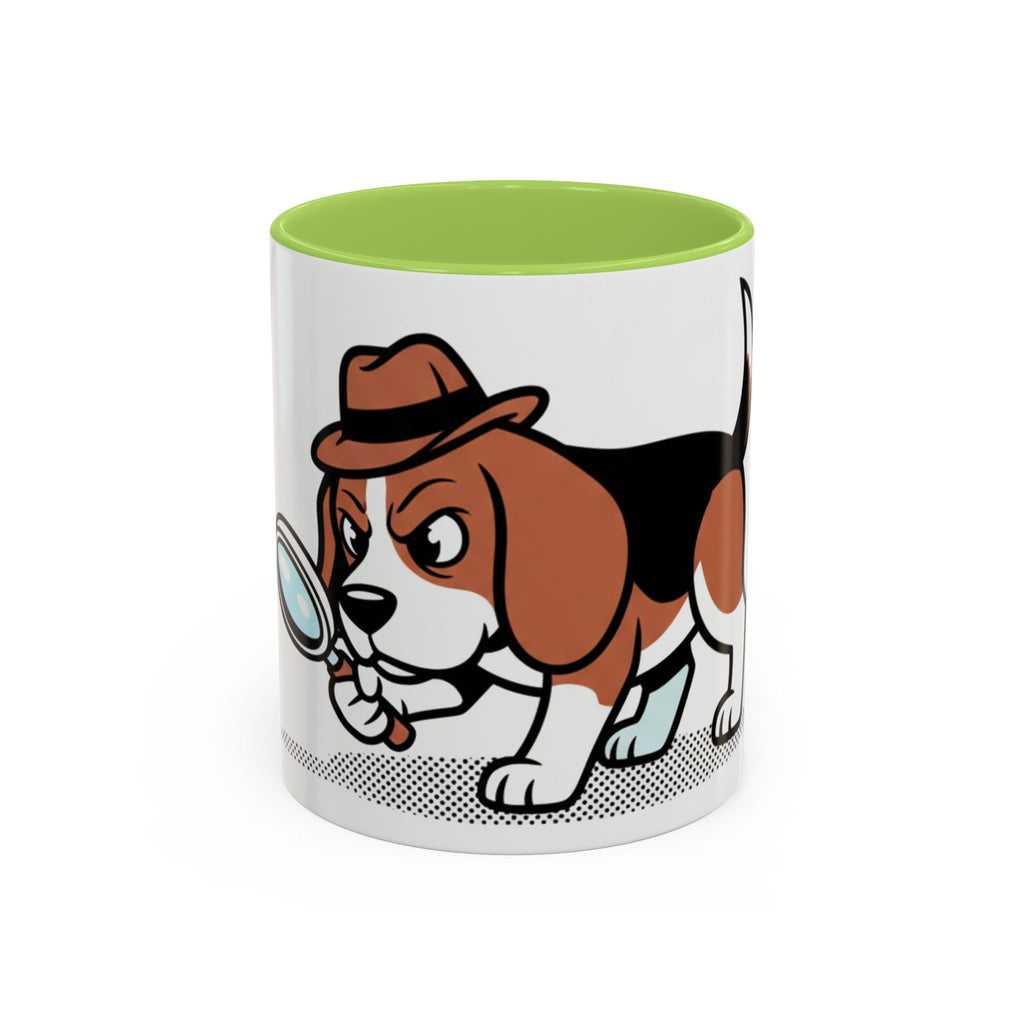Detective Beagle mug featuring a cartoon beagle with a magnifying glass and a brown hat, green interior.