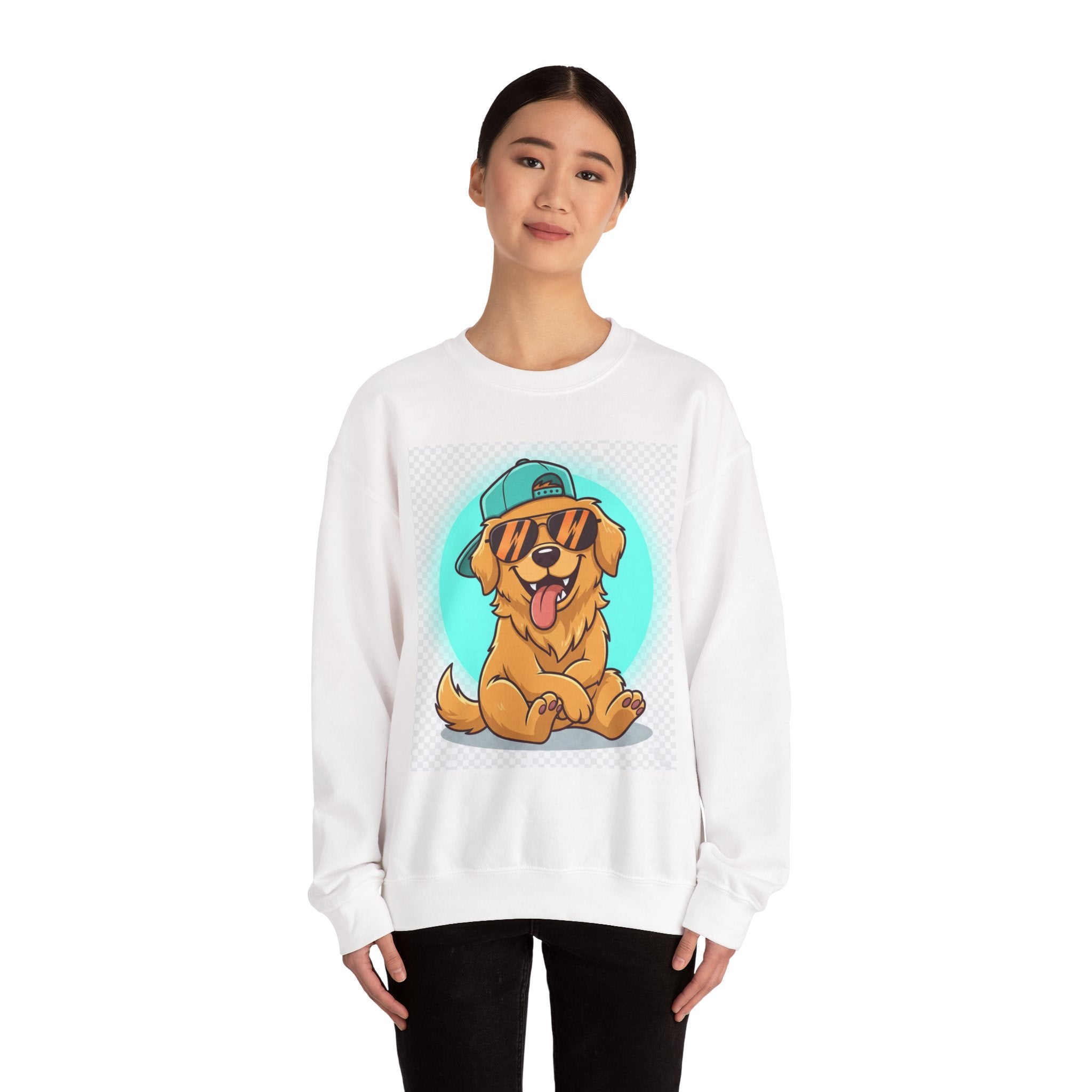 Golden Retriever Crewneck Sweatshirt – Cute Dog With Sunglasses & Cap