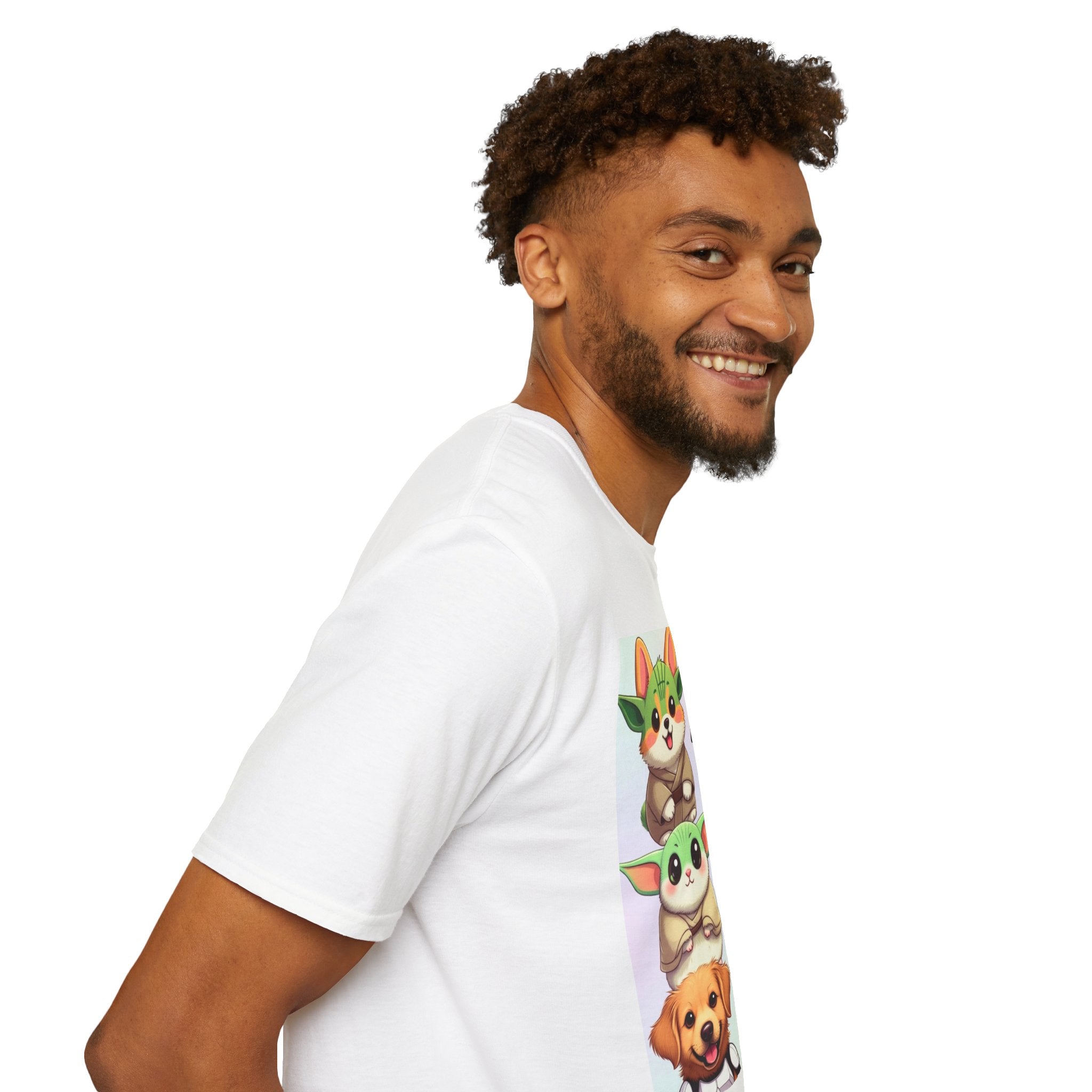 Pawsitive Force T-shirt featuring cartoon cats and dogs in a colorful design, worn by a smiling man.