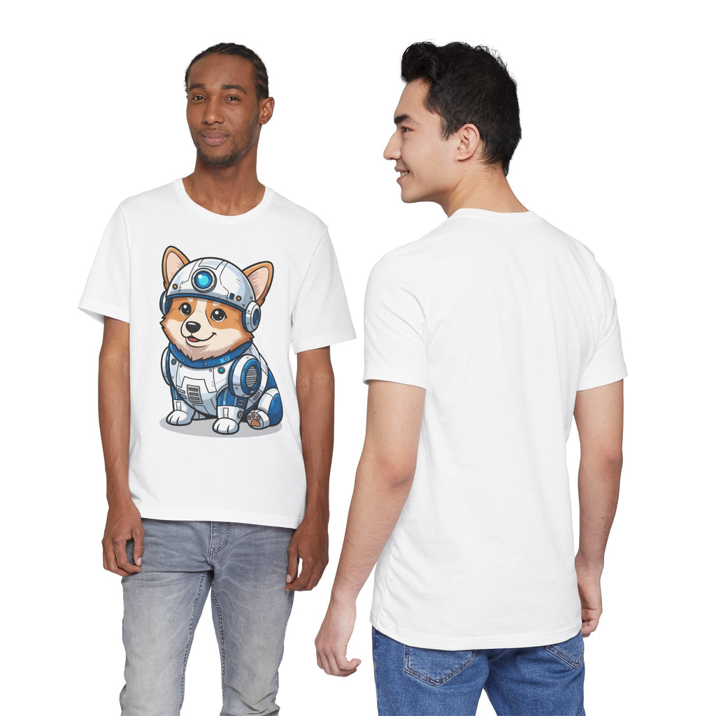 Corgi R2-D2 t-shirt featuring a cartoon corgi in a droid costume, displayed on two models from front and back.