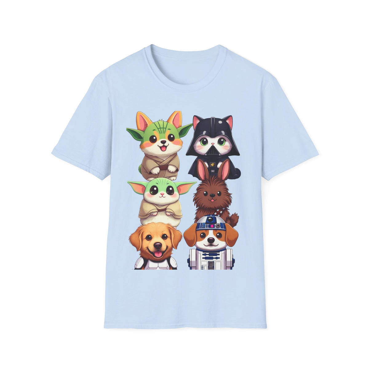 Cute Star Wars Pet Stack T-Shirt — Baby Yoda, Chewie & Droid Cartoon Tee