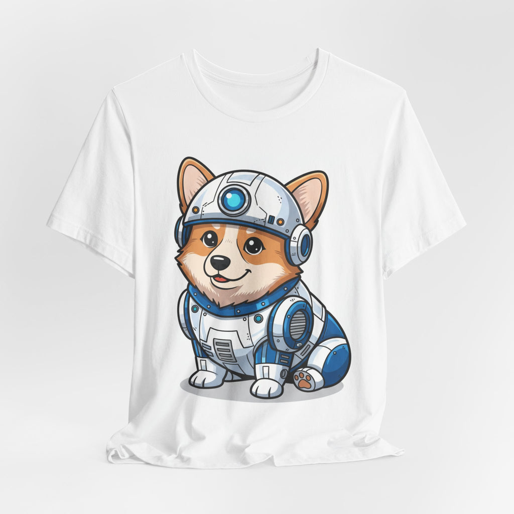 Corgi R2-D2 t-shirt featuring a cartoon corgi in a droid costume, displayed on a white background.
