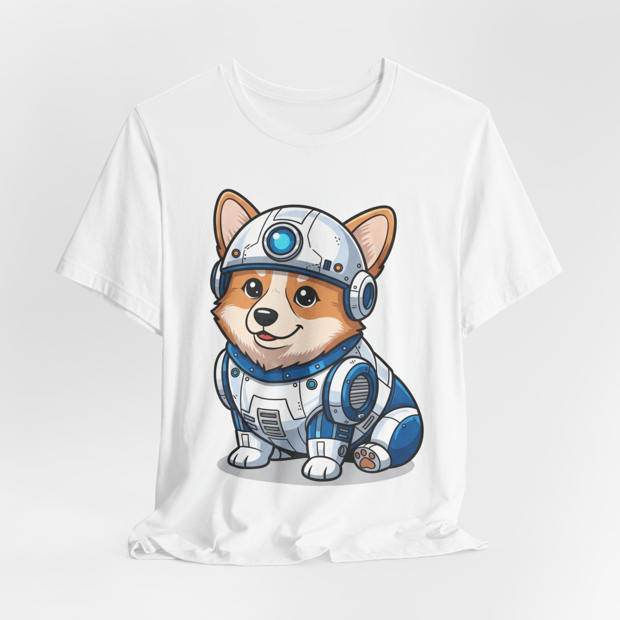 Corgi R2-D2 t-shirt featuring a cartoon corgi in a droid costume, displayed on a white background.
