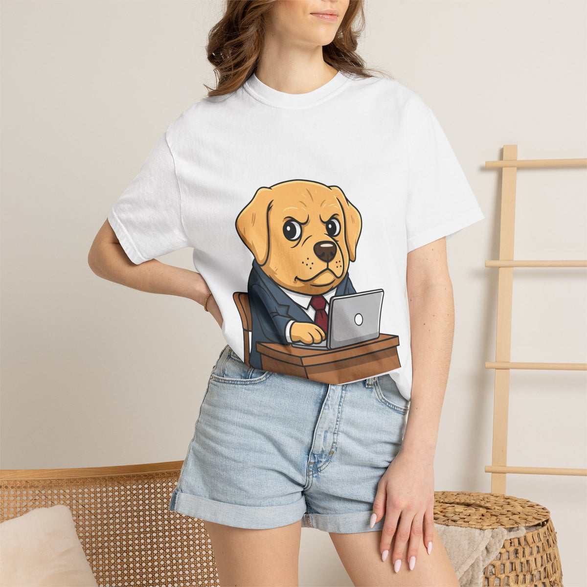 Cute Office Dog T-Shirt — Puppy Boss Working on Laptop Graphic Tee