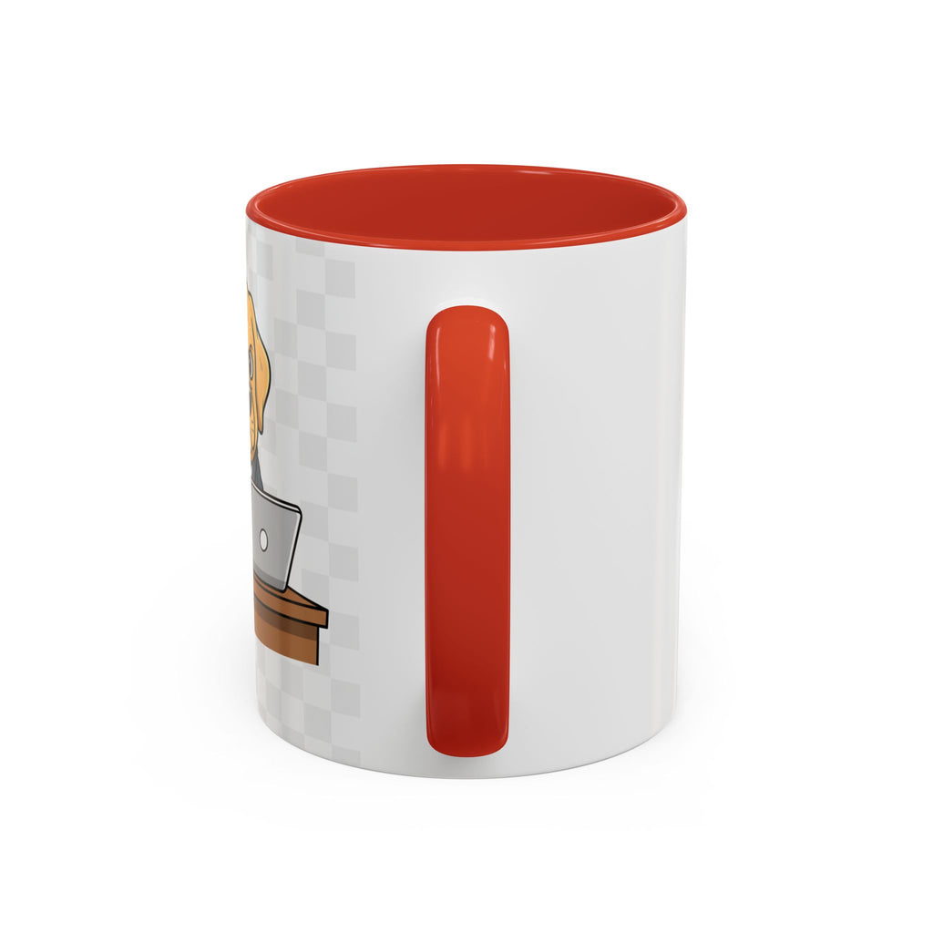 Yellow Lab Boss mug featuring a dog in a suit, with a red handle and interior, on a white background.