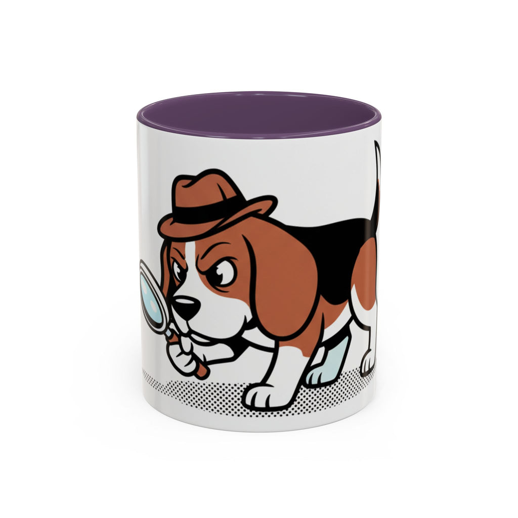 Detective Beagle mug featuring a cartoon beagle with a magnifying glass and a brown hat, purple interior.