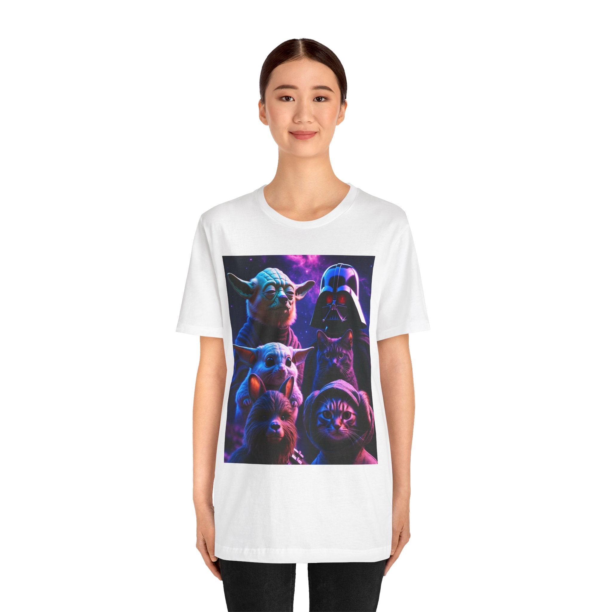 Pawsitive Force T-shirt featuring a galaxy design with cats and dogs in space-themed costumes.