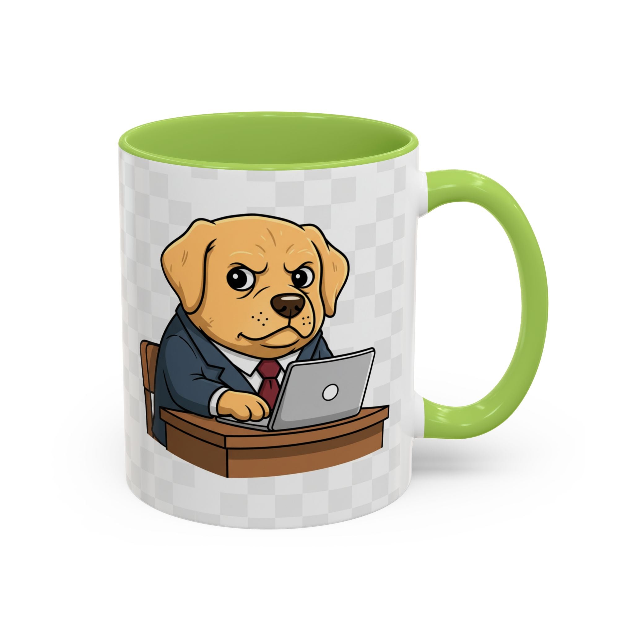 Yellow Lab Boss mug with a cartoon dog in a suit, sitting at a desk with a laptop, featuring a green handle.
