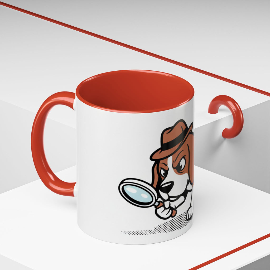 Detective Beagle mug with a red handle, featuring a cartoon beagle holding a magnifying glass.