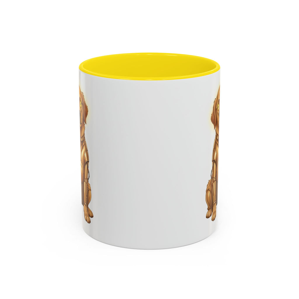 Golden Retriever C-3PO mug with a yellow interior, featuring a dog design on a white background.