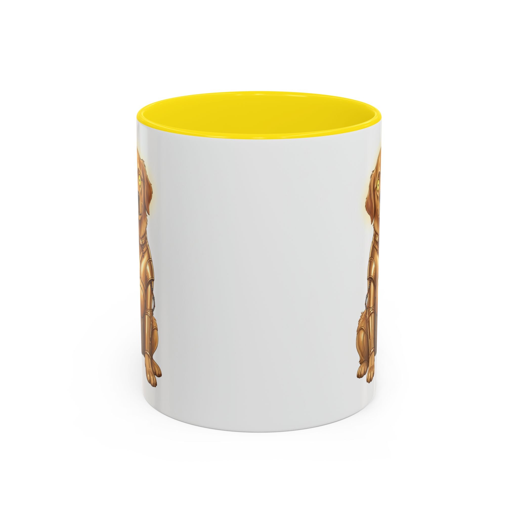 Golden Retriever C-3PO mug with a yellow interior, featuring a dog design on a white background.
