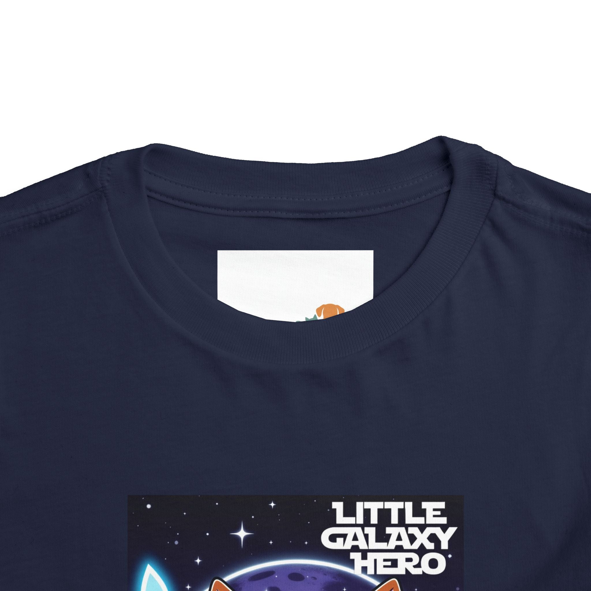 Little Galaxy Hero kids t-shirt in navy blue featuring a cute space puppy cartoon design and colorful graphics.
