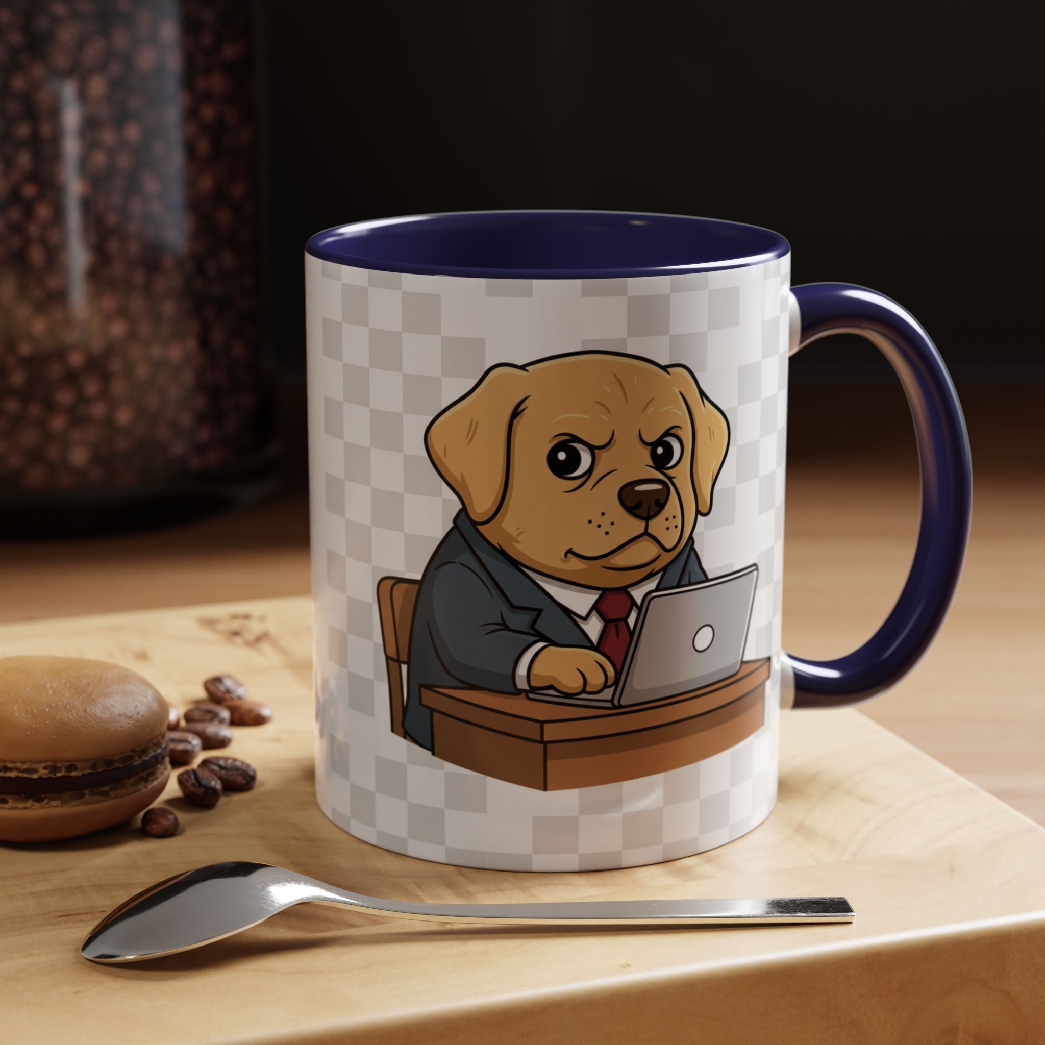 Yellow Lab Boss mug featuring a cartoon dog in a suit at a desk with a laptop, set on a wooden surface.