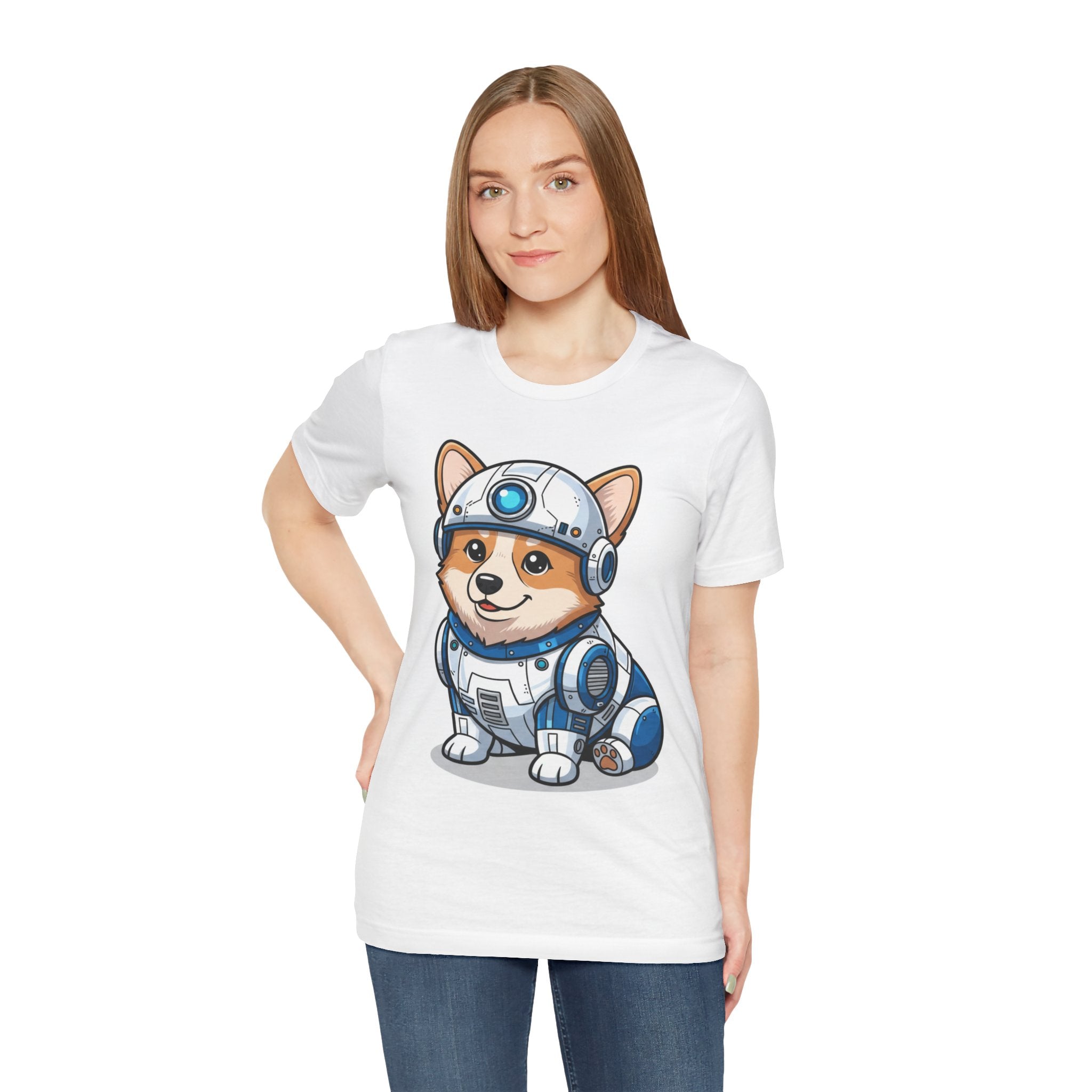 Corgi wearing an R2-D2 costume on a white T-shirt, featuring a cartoon design and short sleeves.