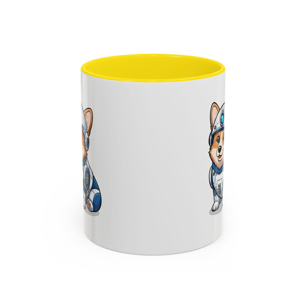 Corgi R2-D2 coffee mug with a yellow interior, featuring a cartoon corgi in a droid costume on a white background.