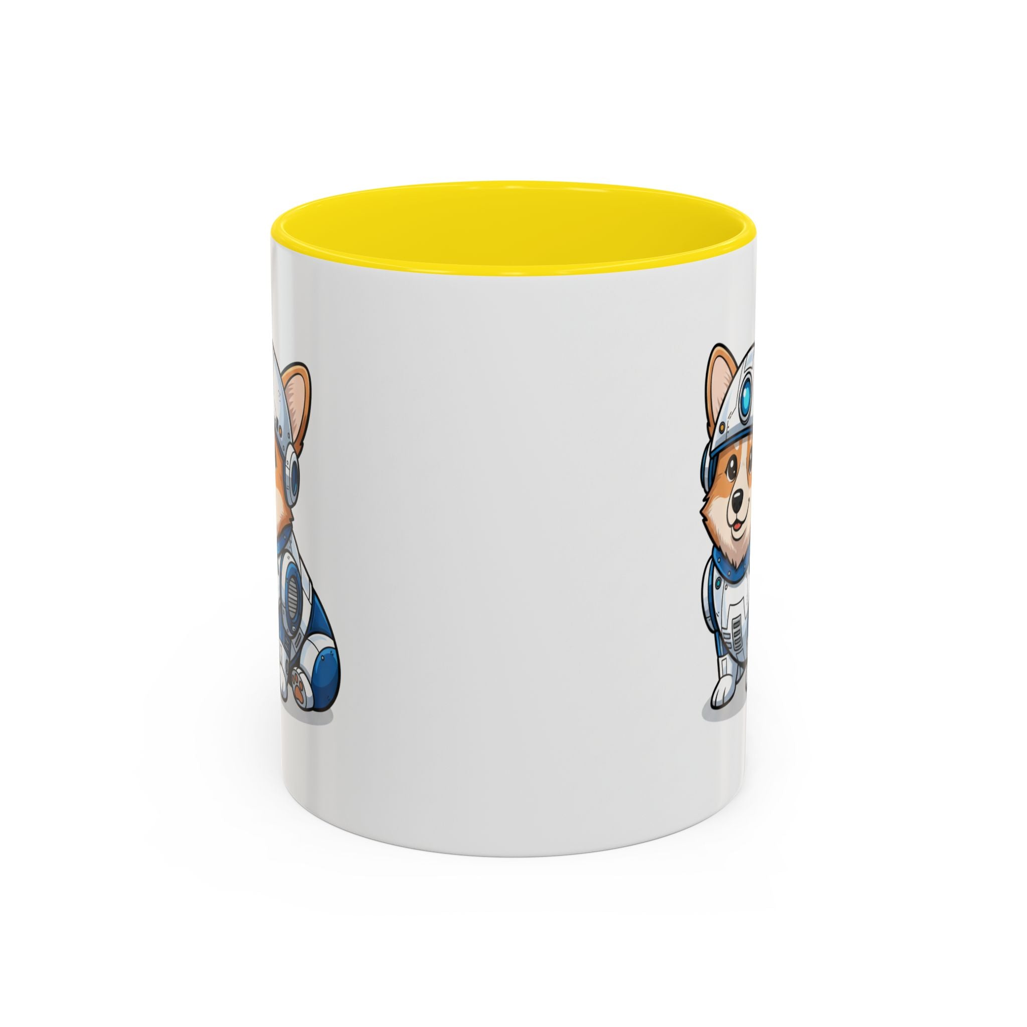 Corgi R2-D2 coffee mug with a yellow interior, featuring a cartoon corgi in a droid costume on a white background.