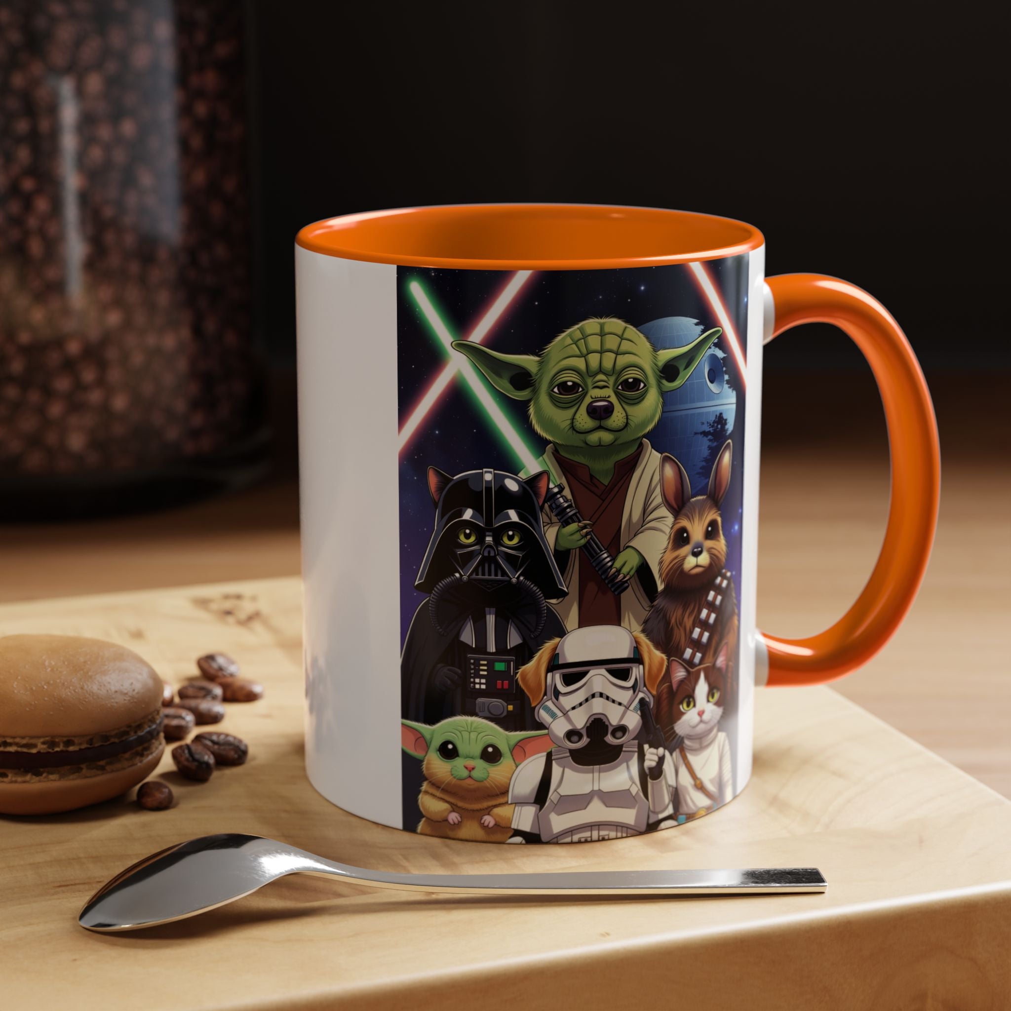 Star Wars Pets coffee mug featuring cartoon cats and dogs with lightsabers and iconic characters on a white background.