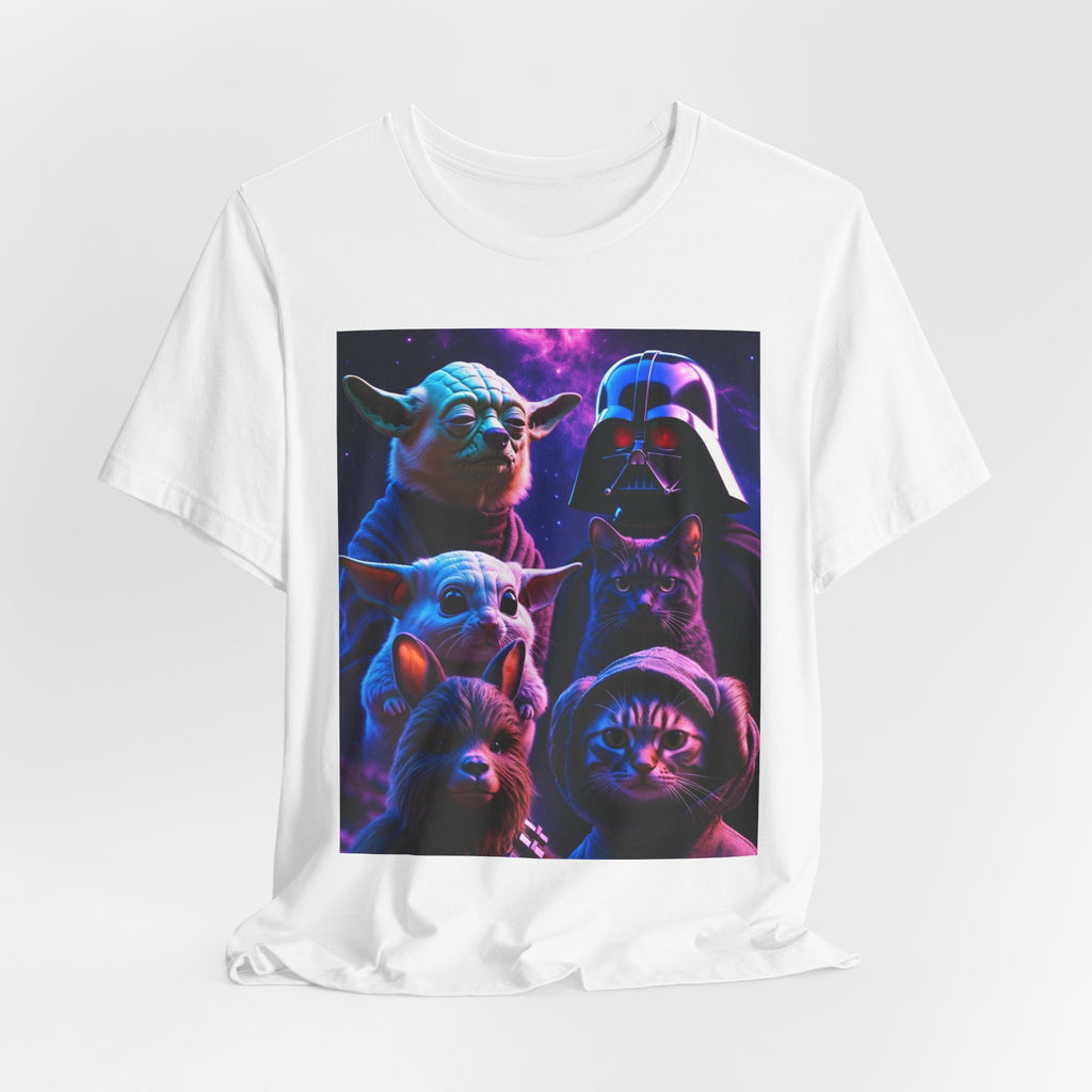 Pawsitive Force T-shirt featuring a graphic of cats and dogs styled as Star Wars characters on a white background.