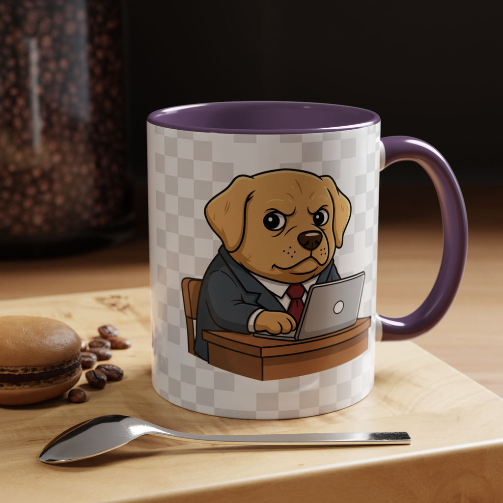 Yellow Lab Boss Mug featuring a cartoon dog in a suit, sitting at a desk with a laptop, on a wooden surface.