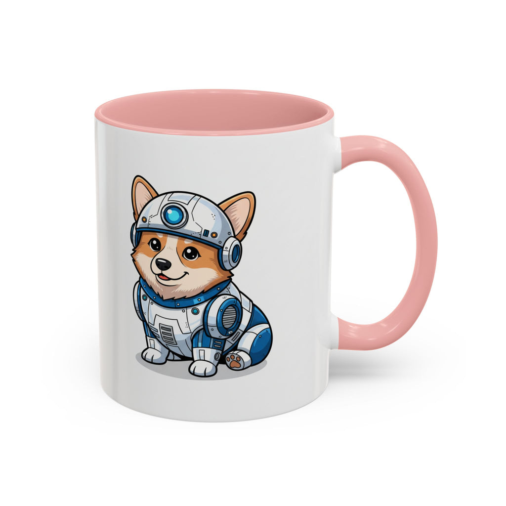 Corgi R2-D2 coffee mug with a pink handle, featuring a cartoon corgi in a blue droid costume.