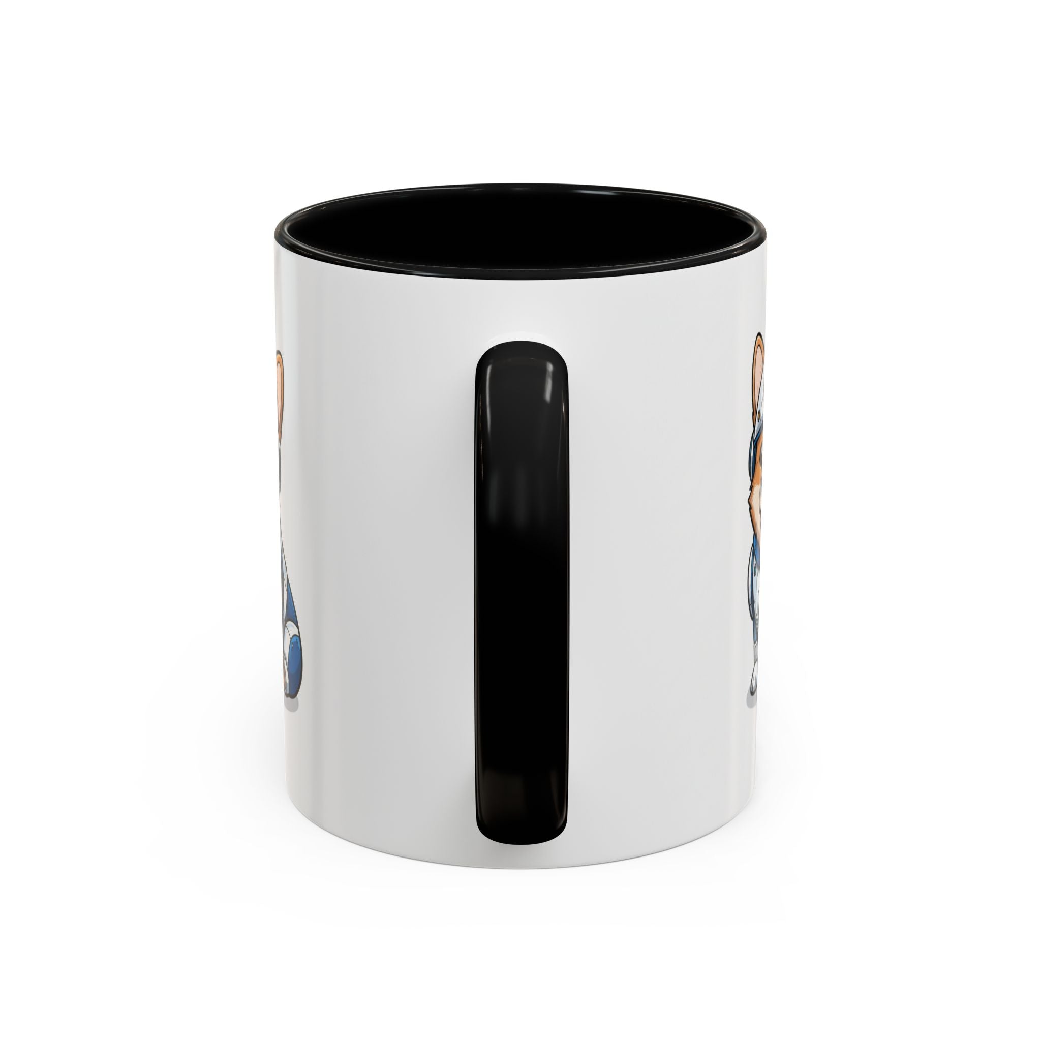 Corgi R2-D2 coffee mug with a black handle, featuring a cartoon Corgi in R2-D2 costume on a white background.