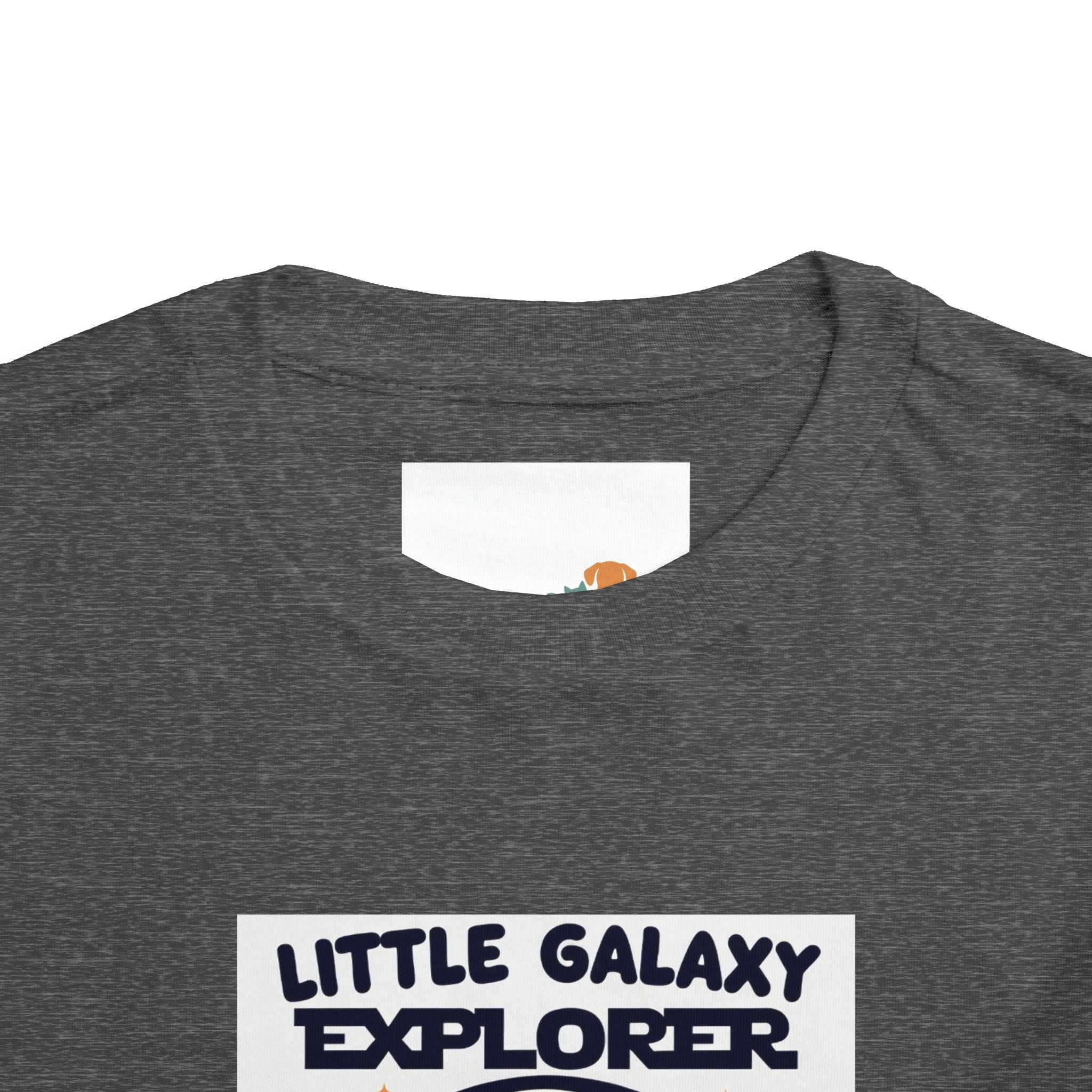 Gray kids' t-shirt featuring "Little Galaxy Explorer" text and a colorful space-themed graphic on the front.