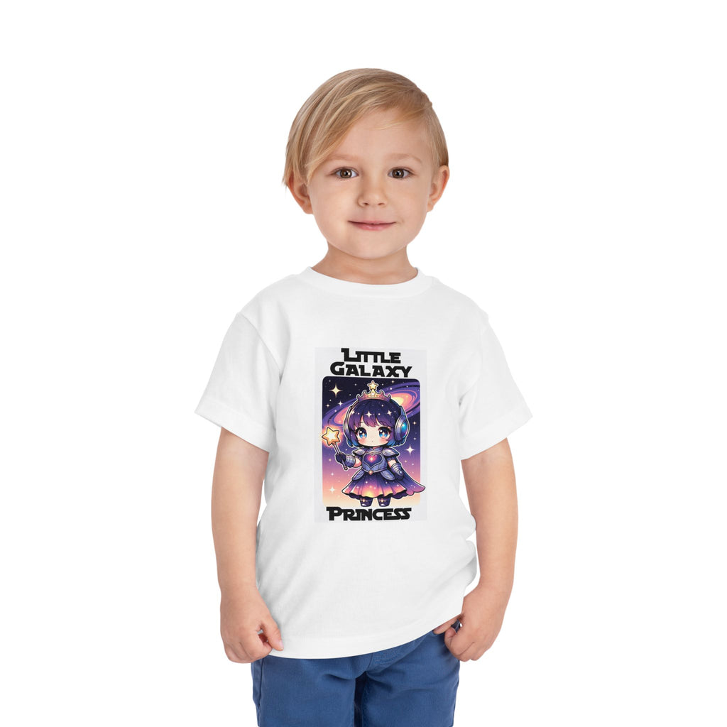 Little Galaxy Princess kids t-shirt featuring a cartoon girl in space with stars, on a white background.