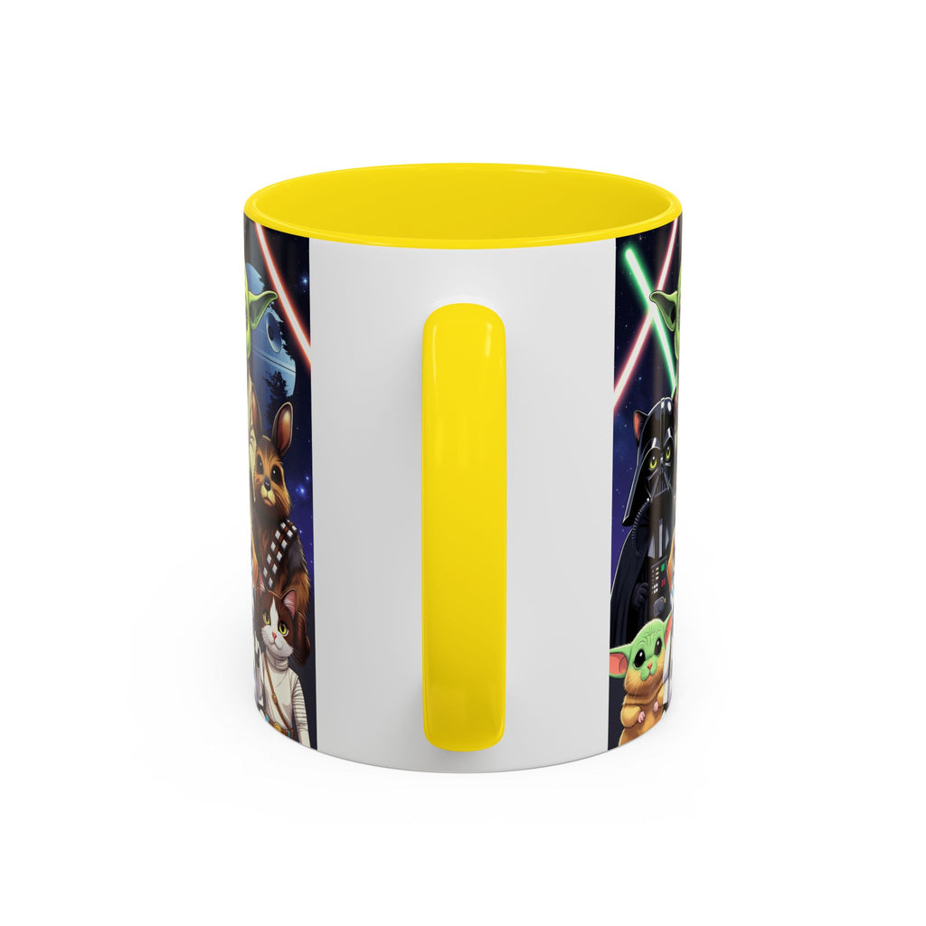 Star Wars Pets coffee mug featuring a galaxy design with cats and dogs, yellow handle, and colorful lightsabers.