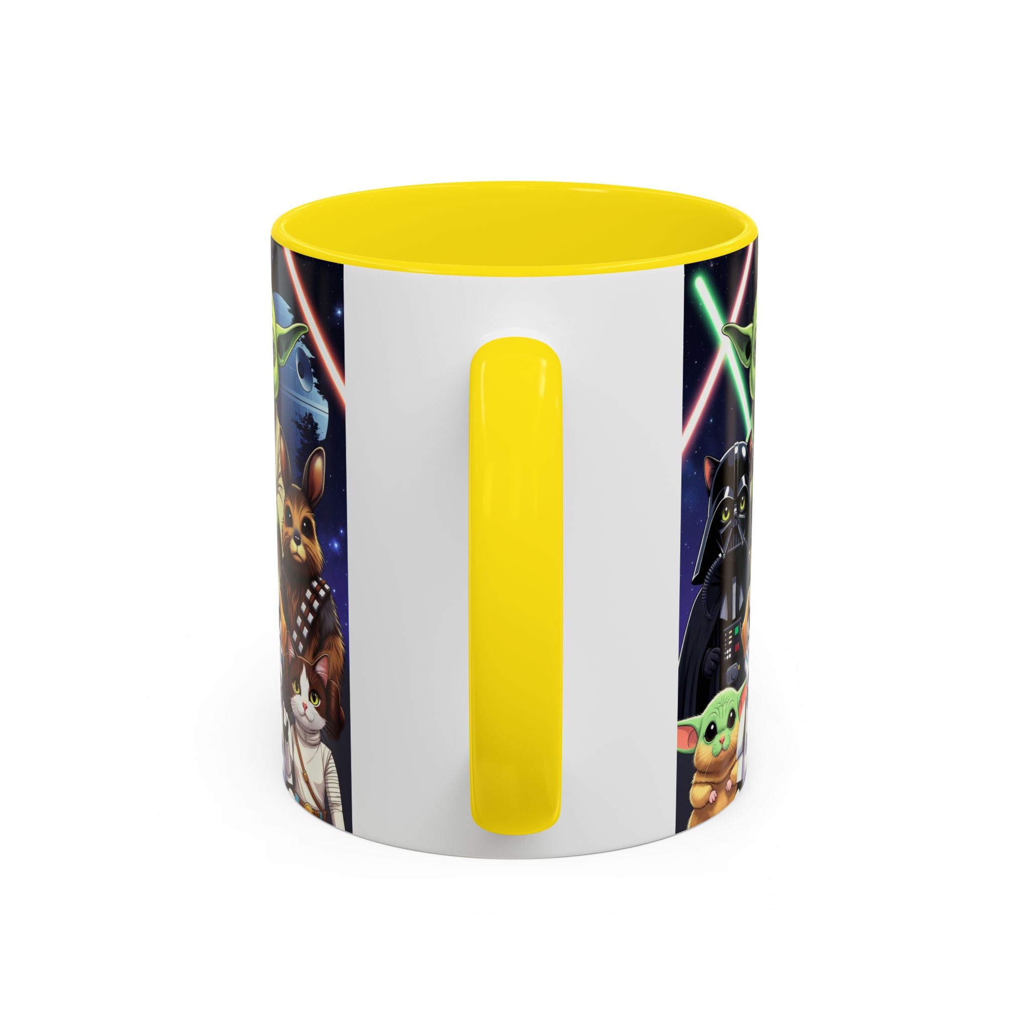 Star Wars Pets coffee mug featuring a galaxy design with cats and dogs, yellow handle, and colorful lightsabers.