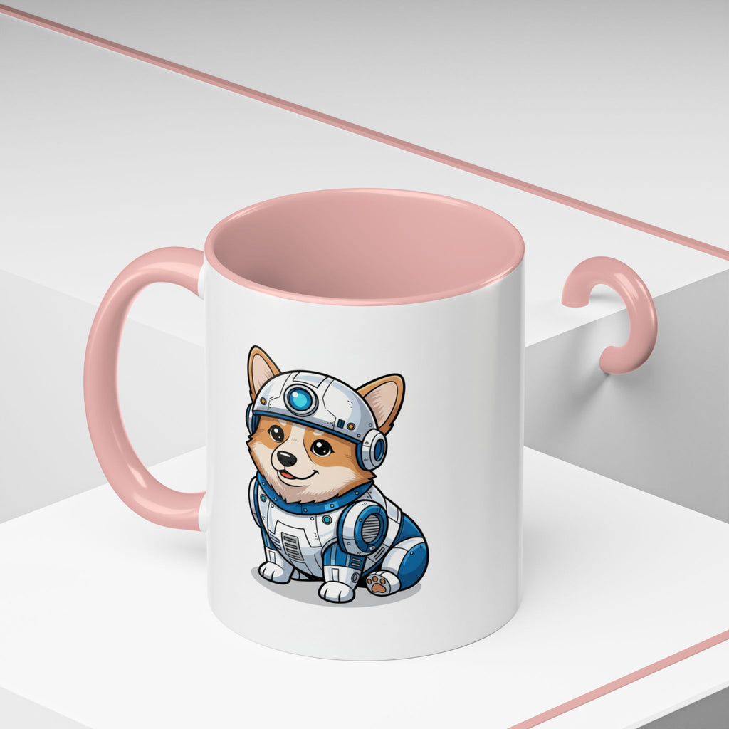 Corgi R2-D2 coffee mug with a pink handle, featuring a cartoon corgi in a robot costume.