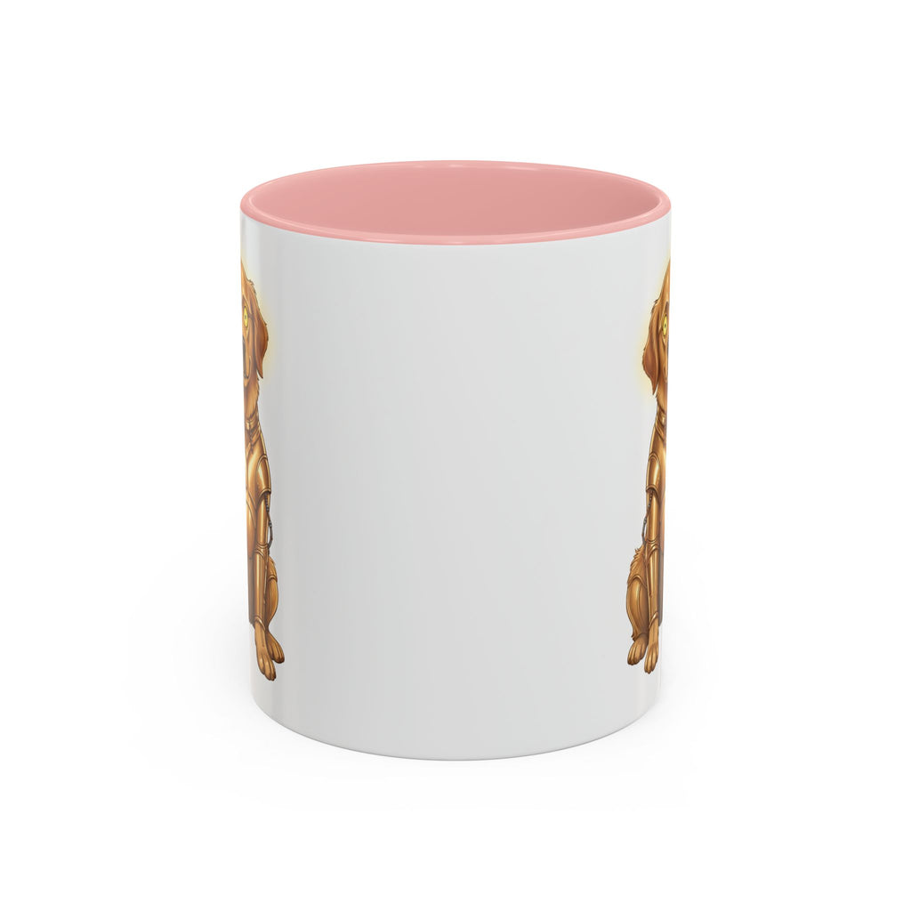 Golden Retriever C-3PO mug with a pink interior, featuring a dog illustration in a metallic gold costume.
